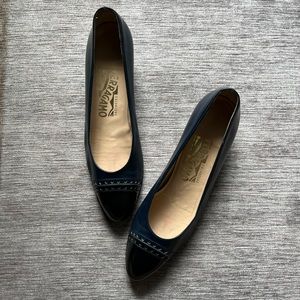 Salvatore Ferragamo Navy & Black Leather Flats
